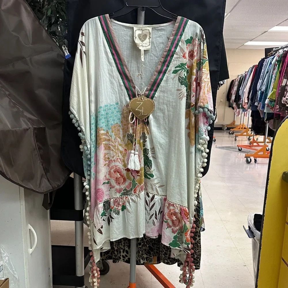 Bohemian Floral V-Neck Tunic with Pom-Pom Trim